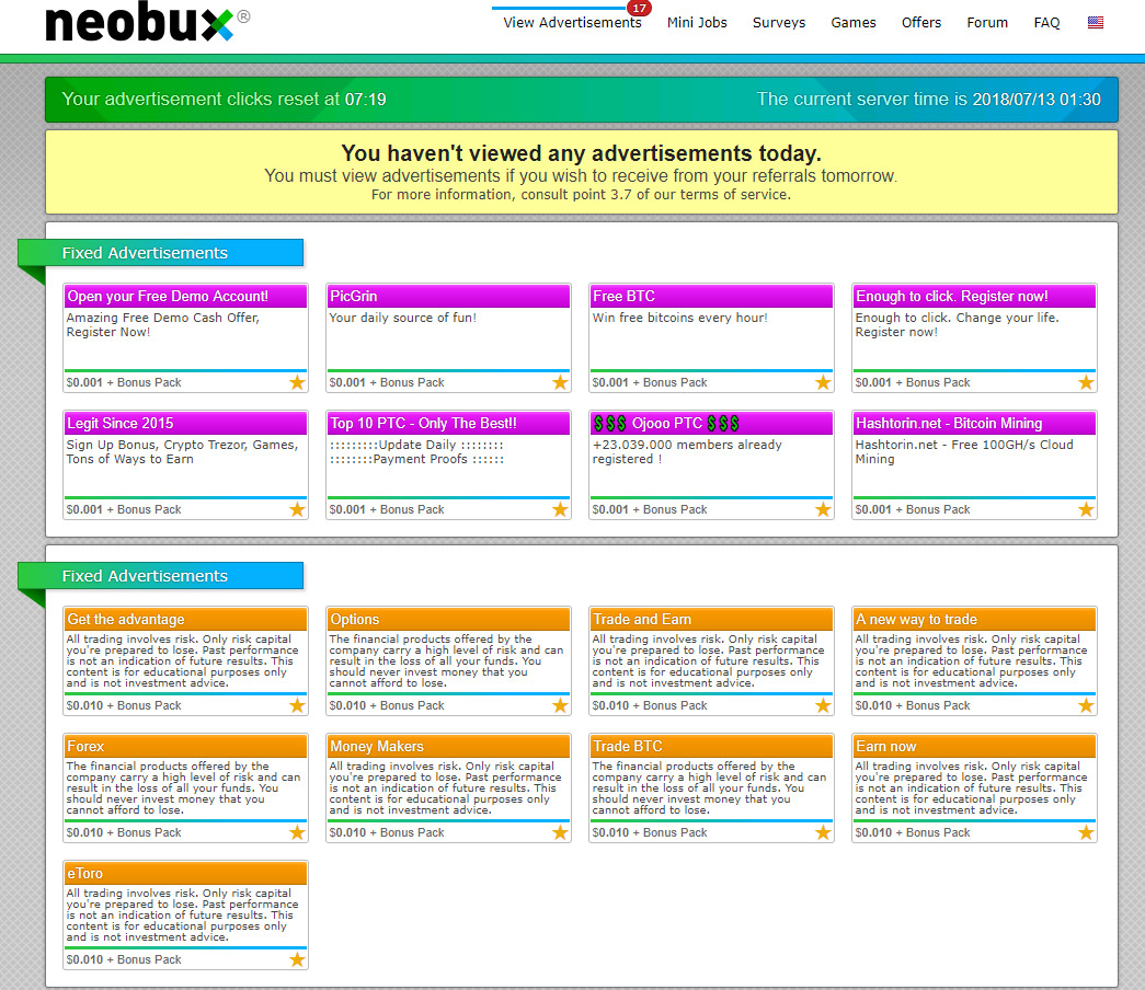 neobux gold membership advertisement page